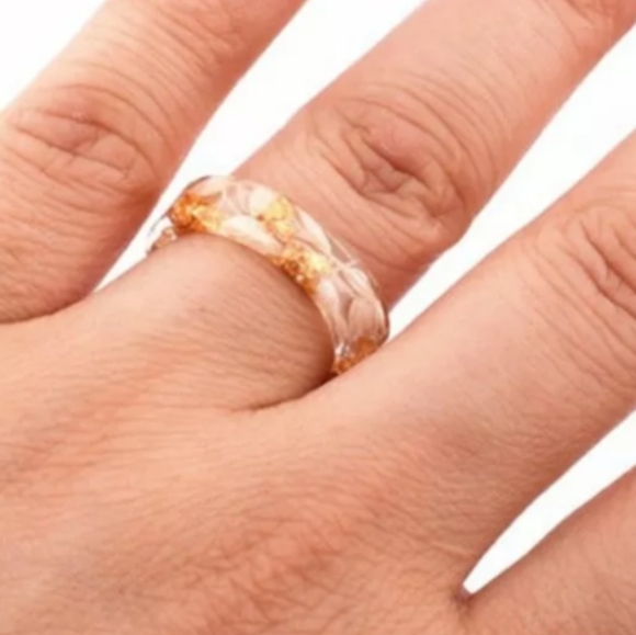 Handmade Resin Ring With Wood, Flowers & Gold Foil - Picture 2 of 5